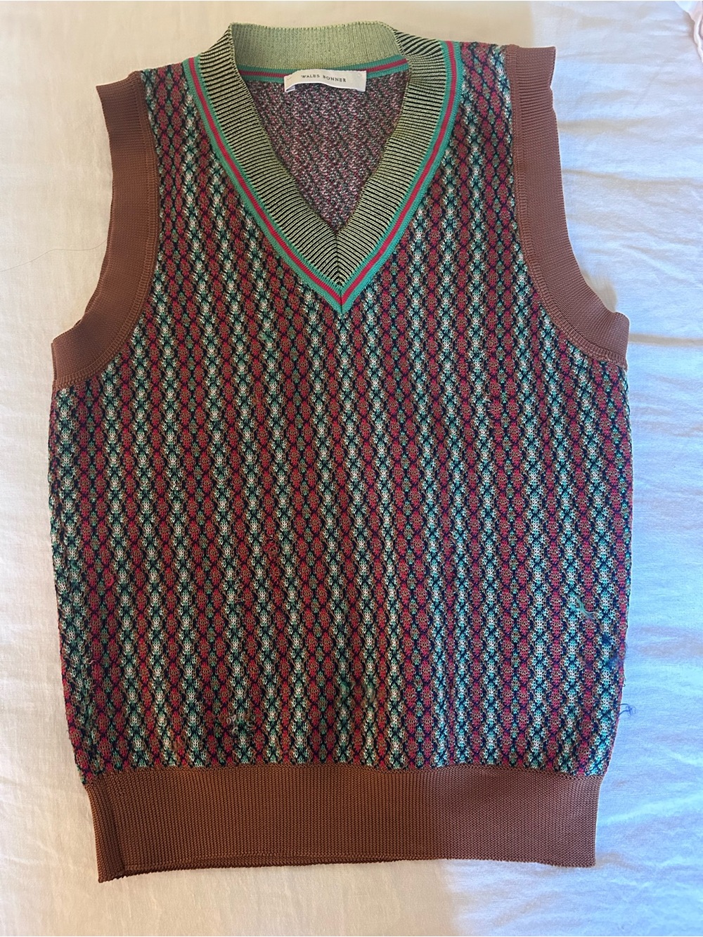 Wales Bonner Wool Patterned V-Neck Sweater Vest - Brown/Green